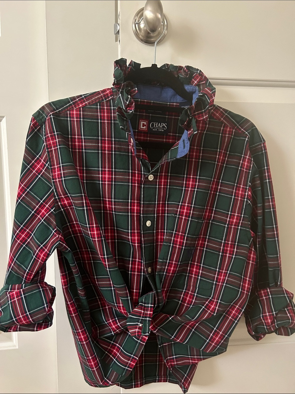 Chaps Red and Green Plaid Button-Down Shirt-with ruffled collar.Xmas ready!